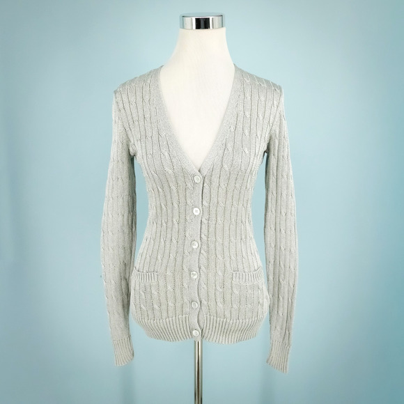 Ralph Lauren Black Label Size Small S Silver Metallic Cable Knit Button Cardigan - Picture 1 of 6